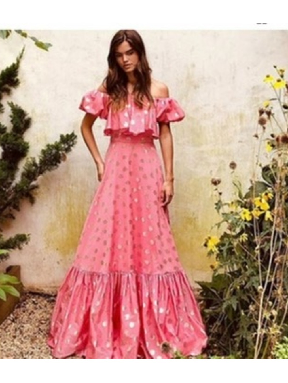 Monique Lhuillier Pink Off-the-Shoulder Maxi Dress with Metallic Dot Accents